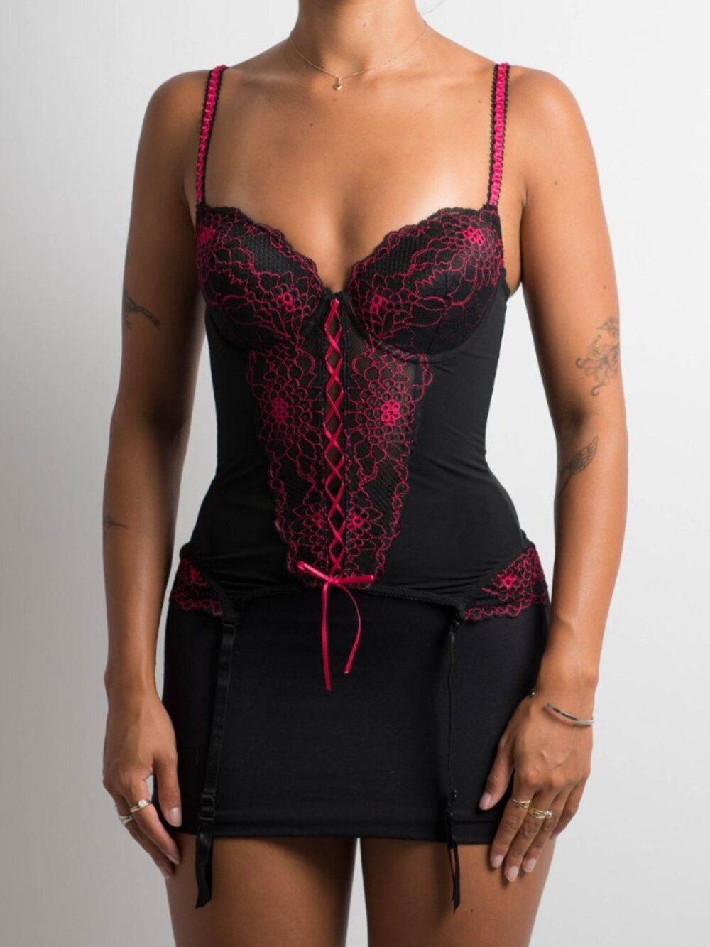 Adore Me Stretchy And Adjustable Black And Pink Bustier/ Corset with Lace
